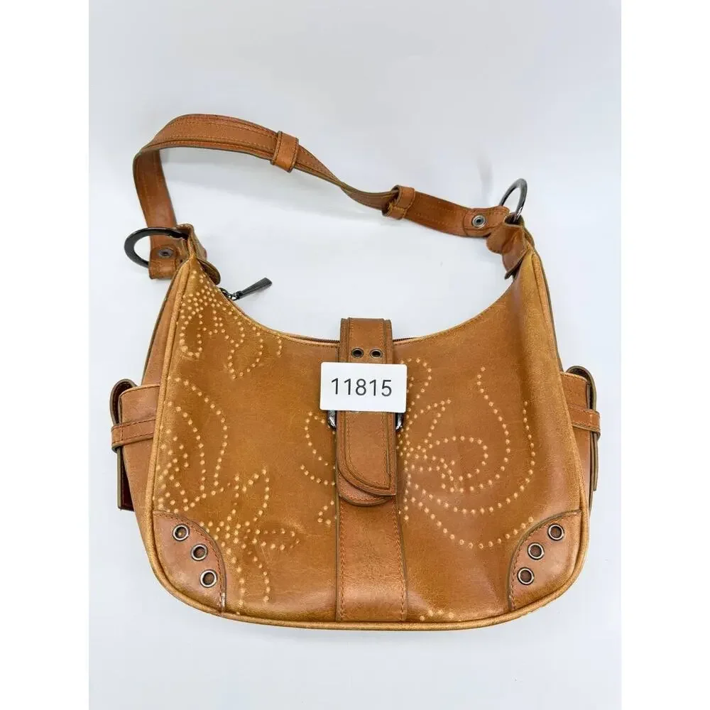 Kaela Brown Faux Leather Hobo Shoulder Bag Western Buckle Studded Swirl Purse